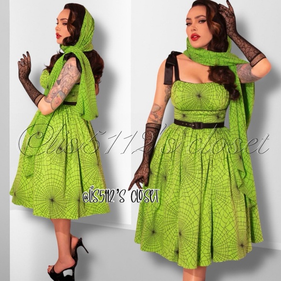 Vixen by Micheline Pitt Slime Green Spider Web Print 1950’s Swing Sundress 4X - Picture 16 of 16